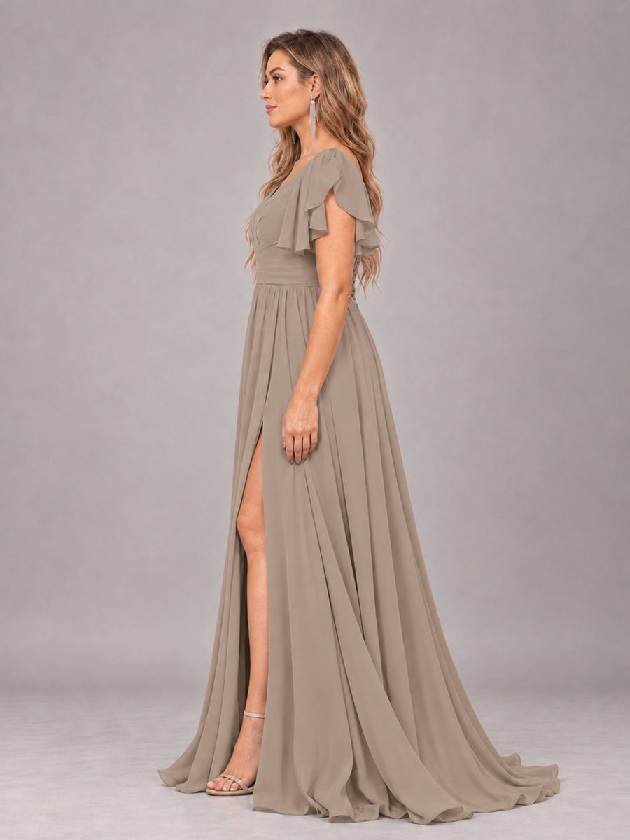 Taupe Beautiful BridesmaidV-Neck Lace-Up Back Chiffon Bridesmaid Dress with Slit