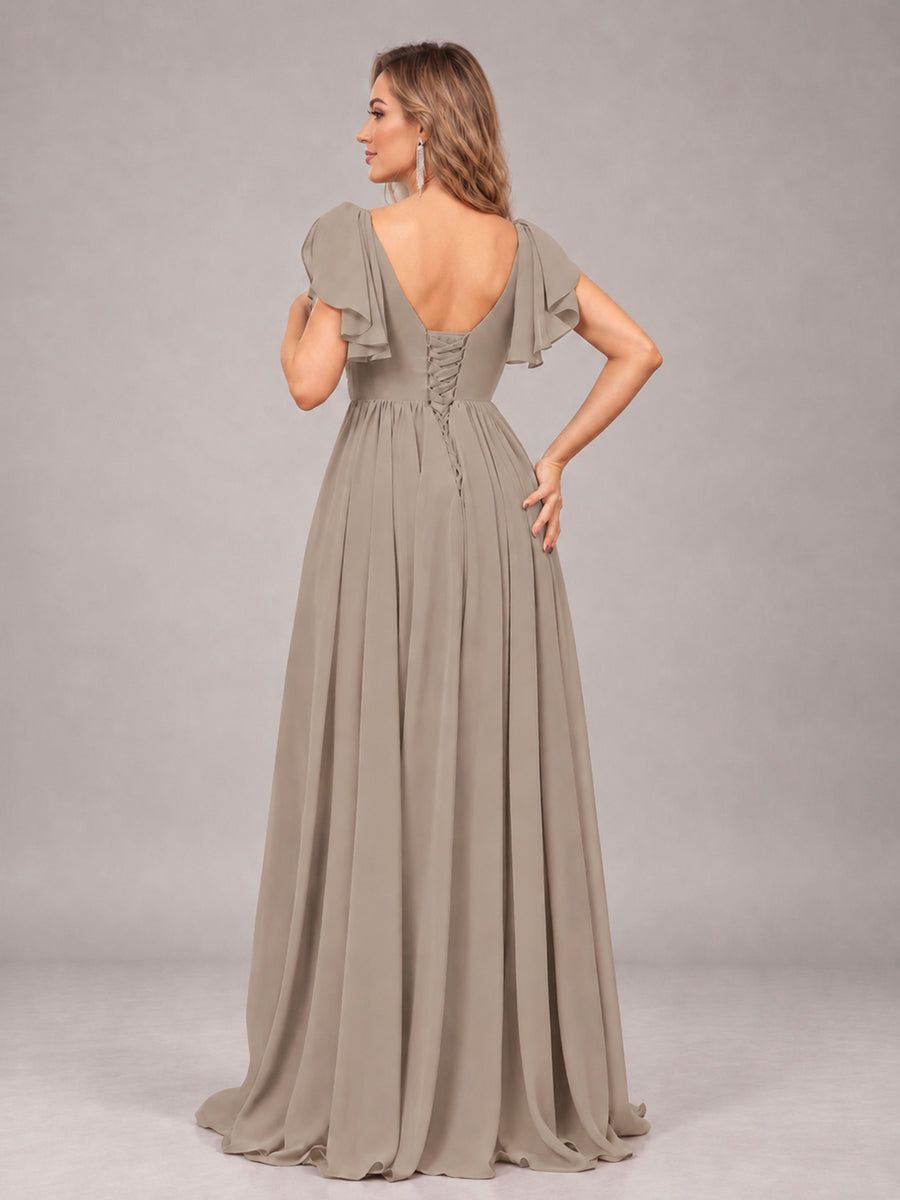 Taupe Beautiful BridesmaidV-Neck Lace-Up Back Chiffon Bridesmaid Dress with Slit