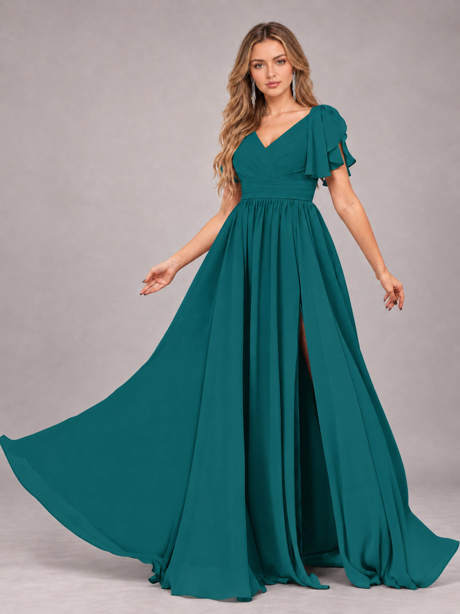 Teal Beautiful BridesmaidV-Neck Lace-Up Back Chiffon Bridesmaid Dress with Slit