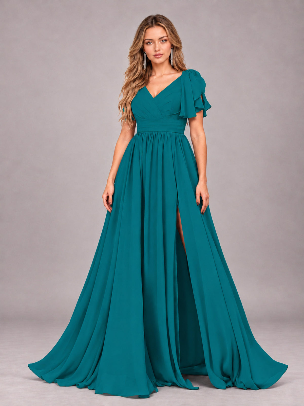 Teal Beautiful BridesmaidV-Neck Lace-Up Back Chiffon Bridesmaid Dress with Slit