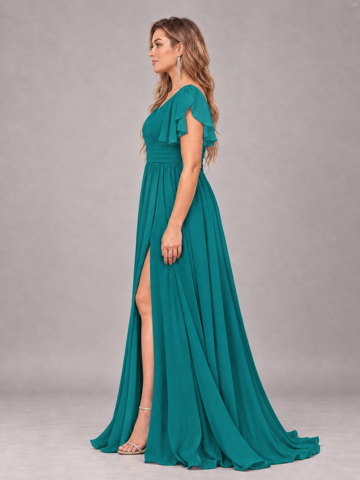 Teal Beautiful BridesmaidV-Neck Lace-Up Back Chiffon Bridesmaid Dress with Slit