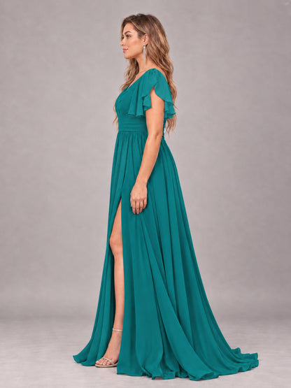 Teal Beautiful BridesmaidV-Neck Lace-Up Back Chiffon Bridesmaid Dress with Slit