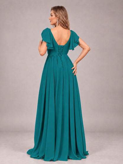 Teal Beautiful BridesmaidV-Neck Lace-Up Back Chiffon Bridesmaid Dress with Slit