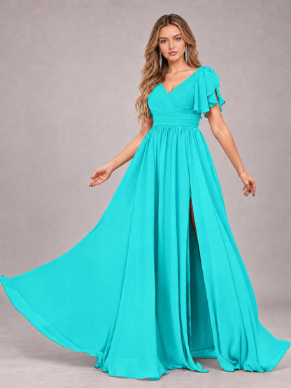 Turquoise Beautiful BridesmaidV-Neck Lace-Up Back Chiffon Bridesmaid Dress with Slit