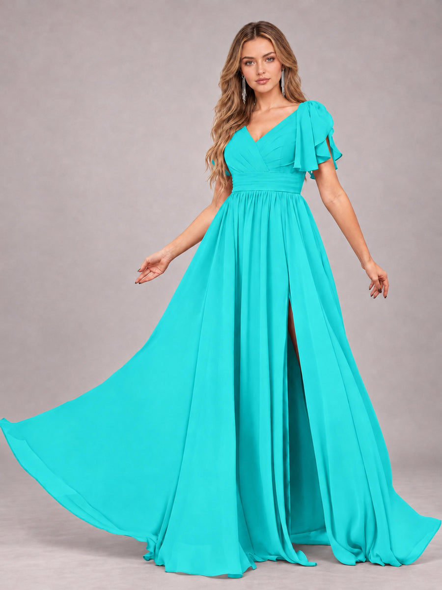 Turquoise Beautiful BridesmaidV-Neck Lace-Up Back Chiffon Bridesmaid Dress with Slit