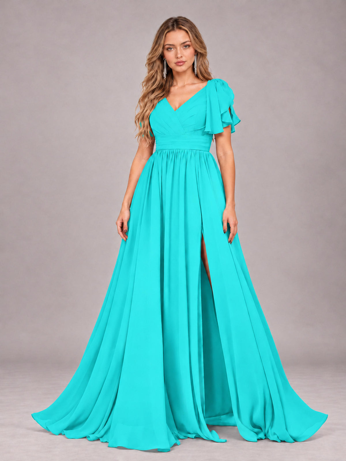 Turquoise Beautiful BridesmaidV-Neck Lace-Up Back Chiffon Bridesmaid Dress with Slit