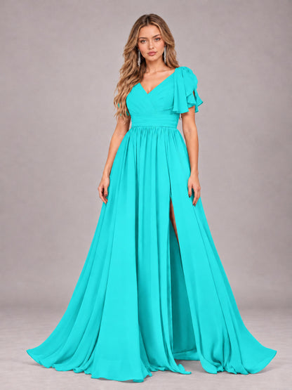 Turquoise Beautiful BridesmaidV-Neck Lace-Up Back Chiffon Bridesmaid Dress with Slit