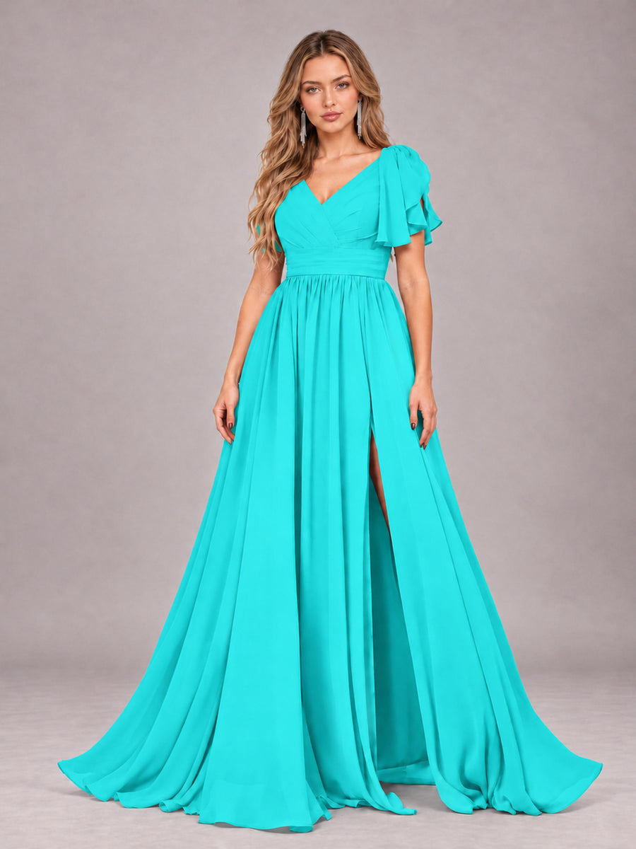 Turquoise Beautiful BridesmaidV-Neck Lace-Up Back Chiffon Bridesmaid Dress with Slit