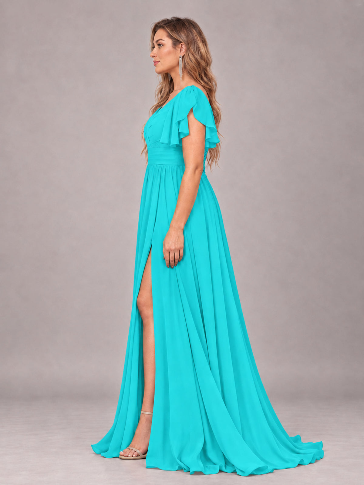 Turquoise Beautiful BridesmaidV-Neck Lace-Up Back Chiffon Bridesmaid Dress with Slit
