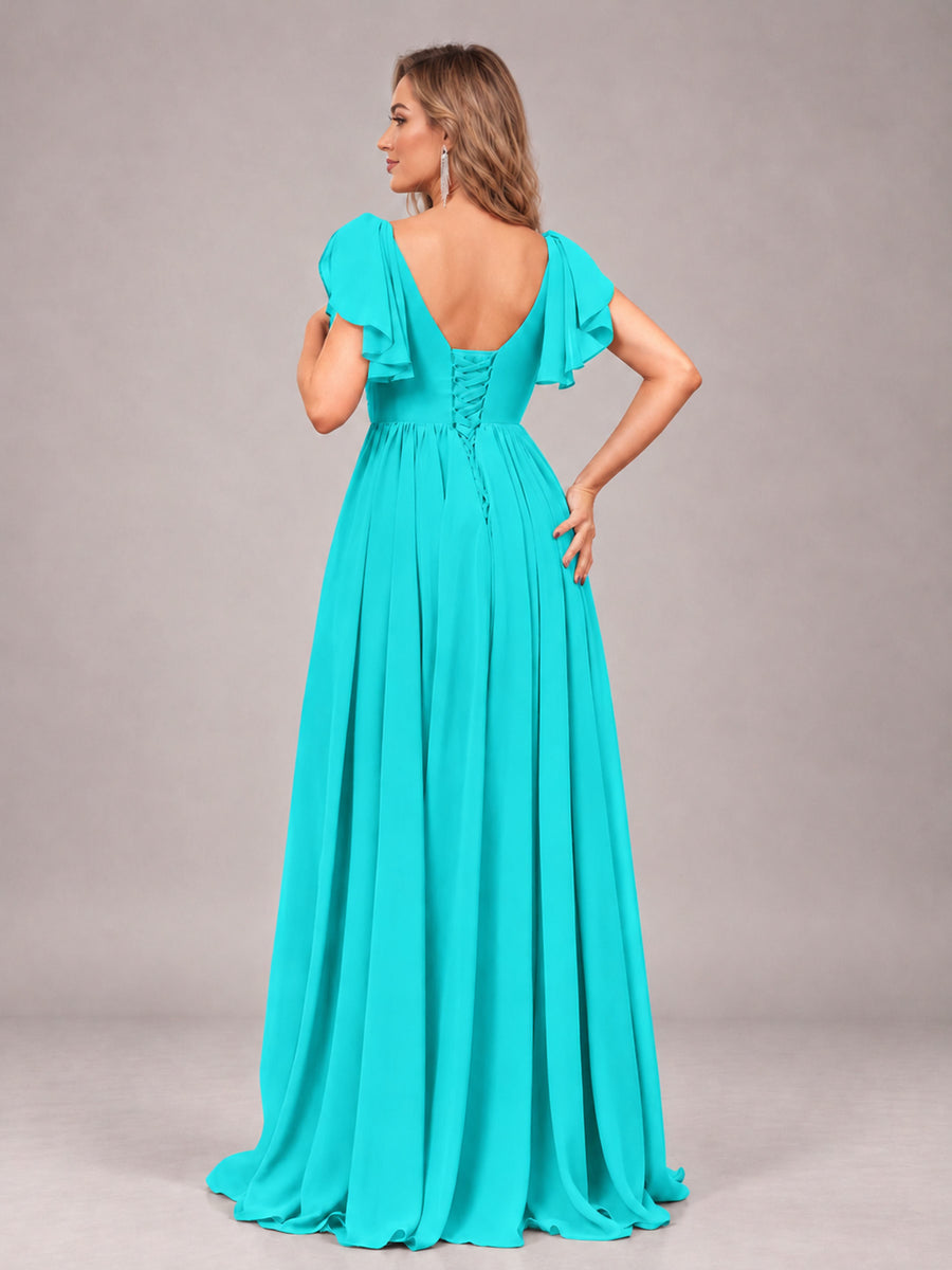 Turquoise Beautiful BridesmaidV-Neck Lace-Up Back Chiffon Bridesmaid Dress with Slit