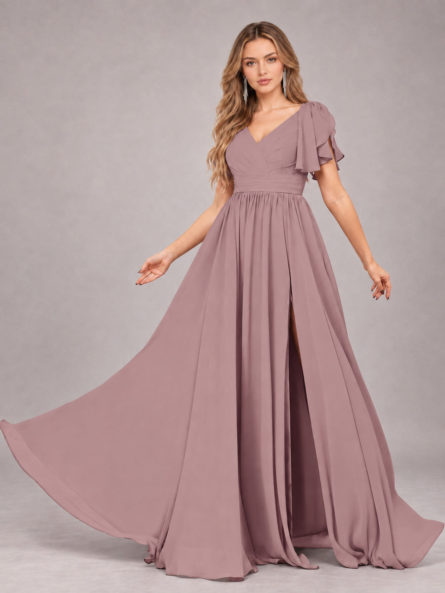 Vintage Mauve Beautiful BridesmaidV-Neck Lace-Up Back Chiffon Bridesmaid Dress with Slit