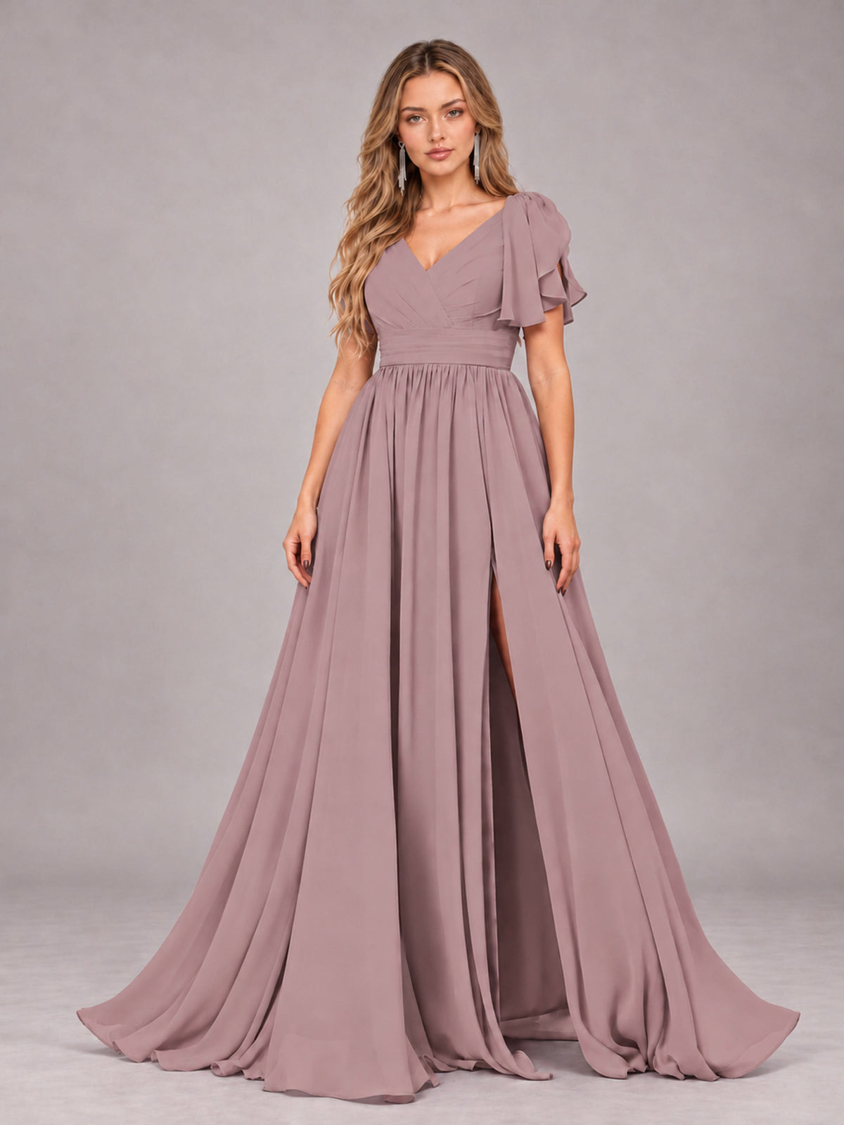 Vintage Mauve Beautiful BridesmaidV-Neck Lace-Up Back Chiffon Bridesmaid Dress with Slit