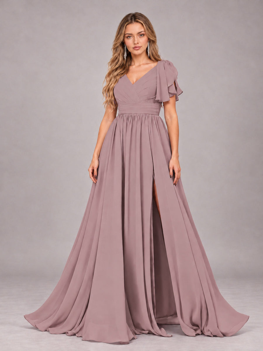 Vintage Mauve Beautiful BridesmaidV-Neck Lace-Up Back Chiffon Bridesmaid Dress with Slit