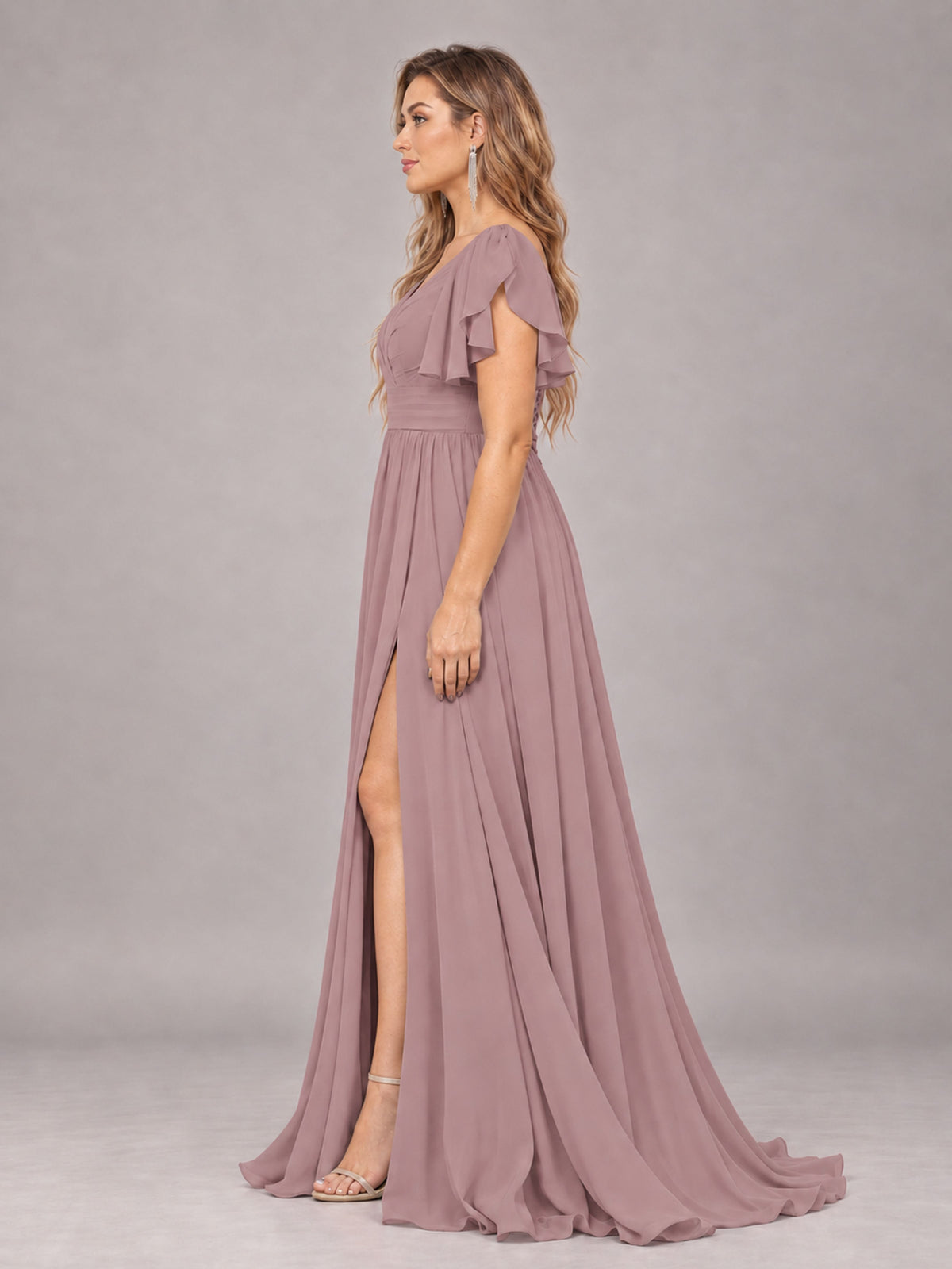 Vintage Mauve Beautiful BridesmaidV-Neck Lace-Up Back Chiffon Bridesmaid Dress with Slit