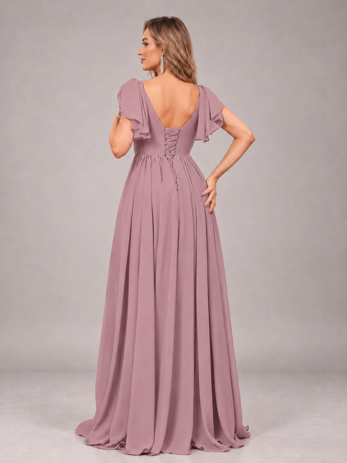 Vintage Mauve Beautiful BridesmaidV-Neck Lace-Up Back Chiffon Bridesmaid Dress with Slit