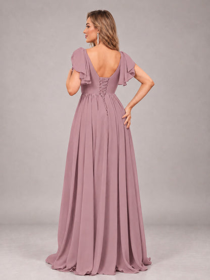 Vintage Mauve Beautiful BridesmaidV-Neck Lace-Up Back Chiffon Bridesmaid Dress with Slit