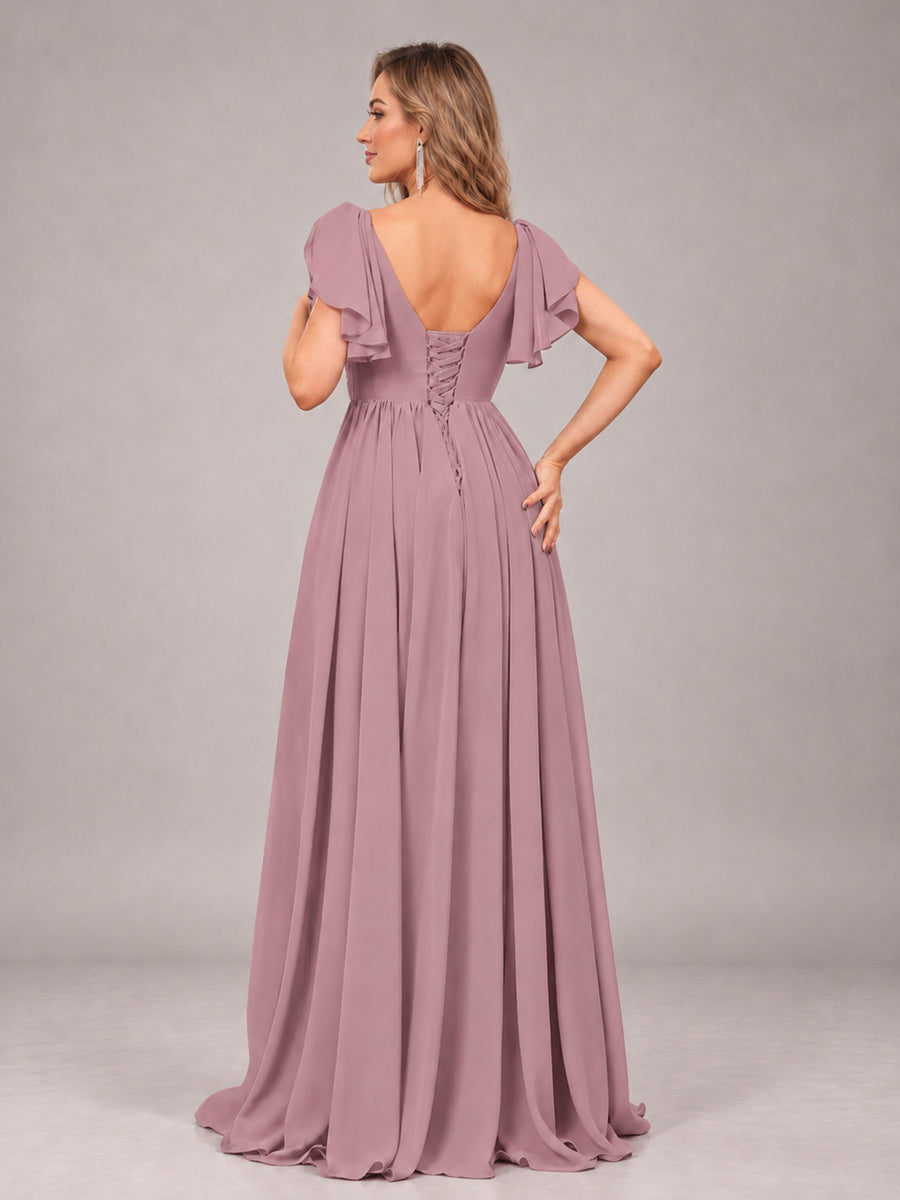 Vintage Mauve Beautiful BridesmaidV-Neck Lace-Up Back Chiffon Bridesmaid Dress with Slit