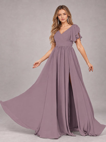 Wisteria Beautiful BridesmaidV-Neck Lace-Up Back Chiffon Bridesmaid Dress with Slit