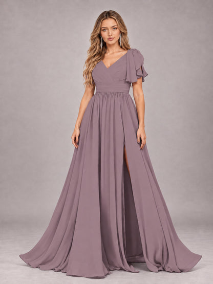 Wisteria Beautiful BridesmaidV-Neck Lace-Up Back Chiffon Bridesmaid Dress with Slit