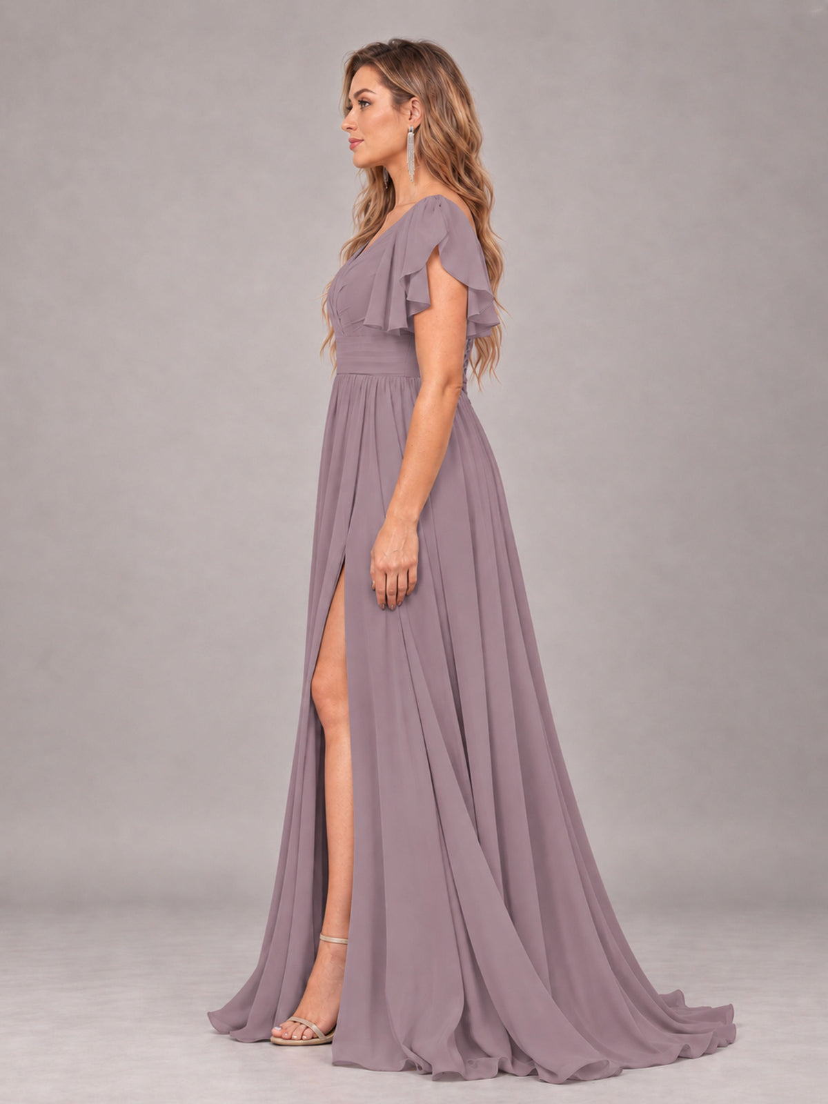Wisteria Beautiful BridesmaidV-Neck Lace-Up Back Chiffon Bridesmaid Dress with Slit