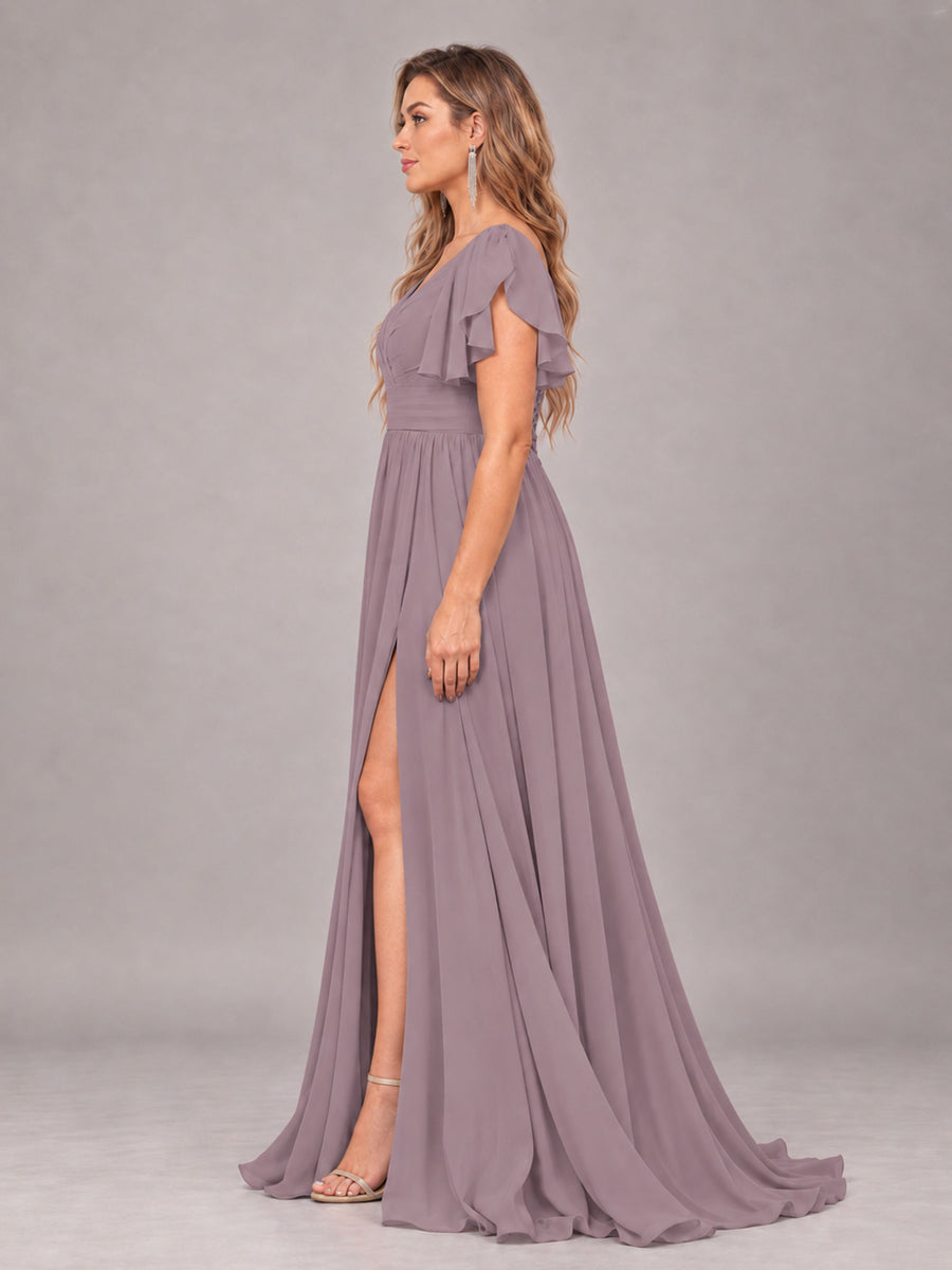 Wisteria Beautiful BridesmaidV-Neck Lace-Up Back Chiffon Bridesmaid Dress with Slit