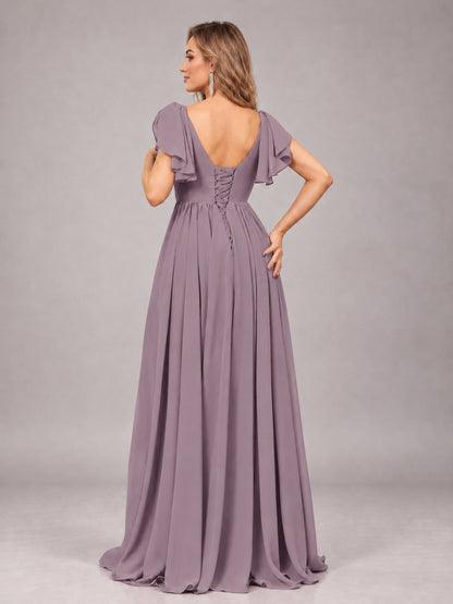Wisteria Beautiful BridesmaidV-Neck Lace-Up Back Chiffon Bridesmaid Dress with Slit