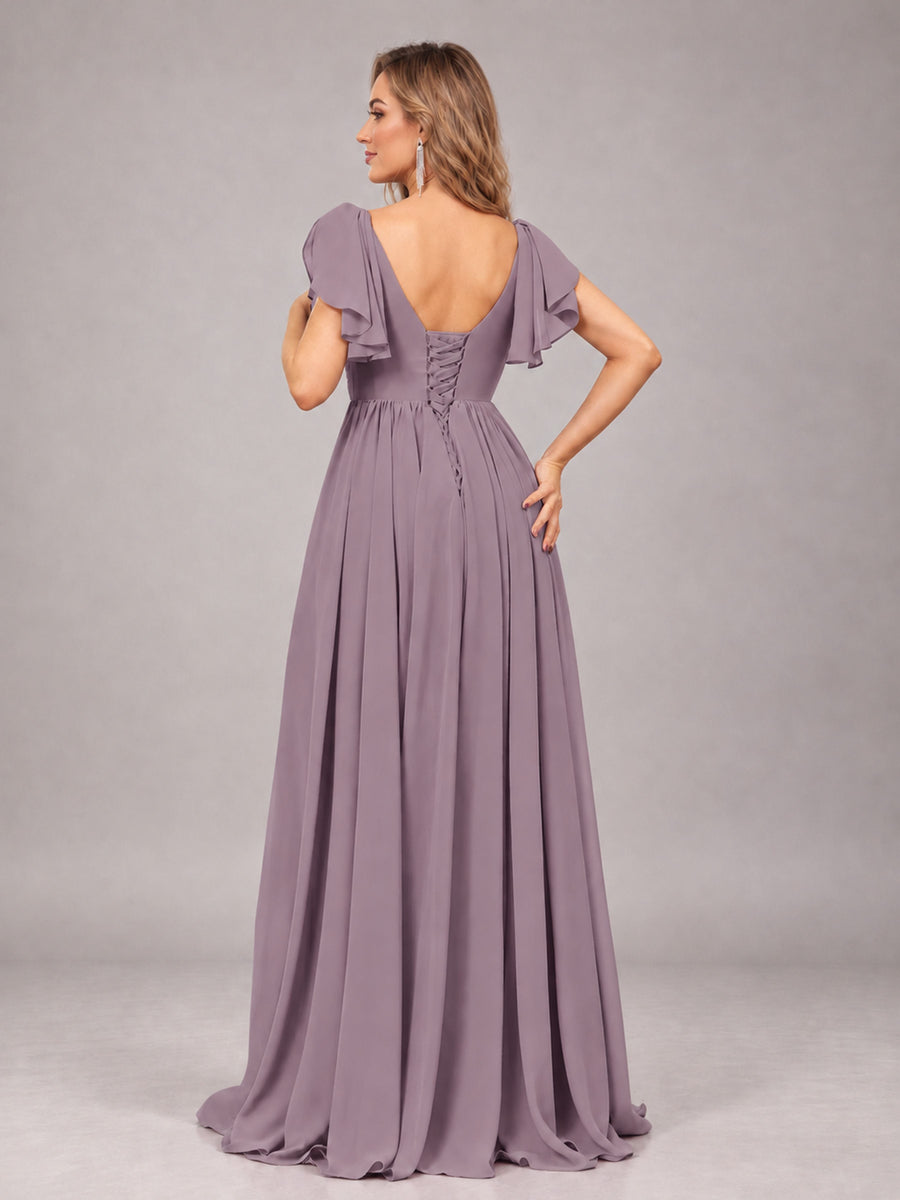 Wisteria Beautiful BridesmaidV-Neck Lace-Up Back Chiffon Bridesmaid Dress with Slit