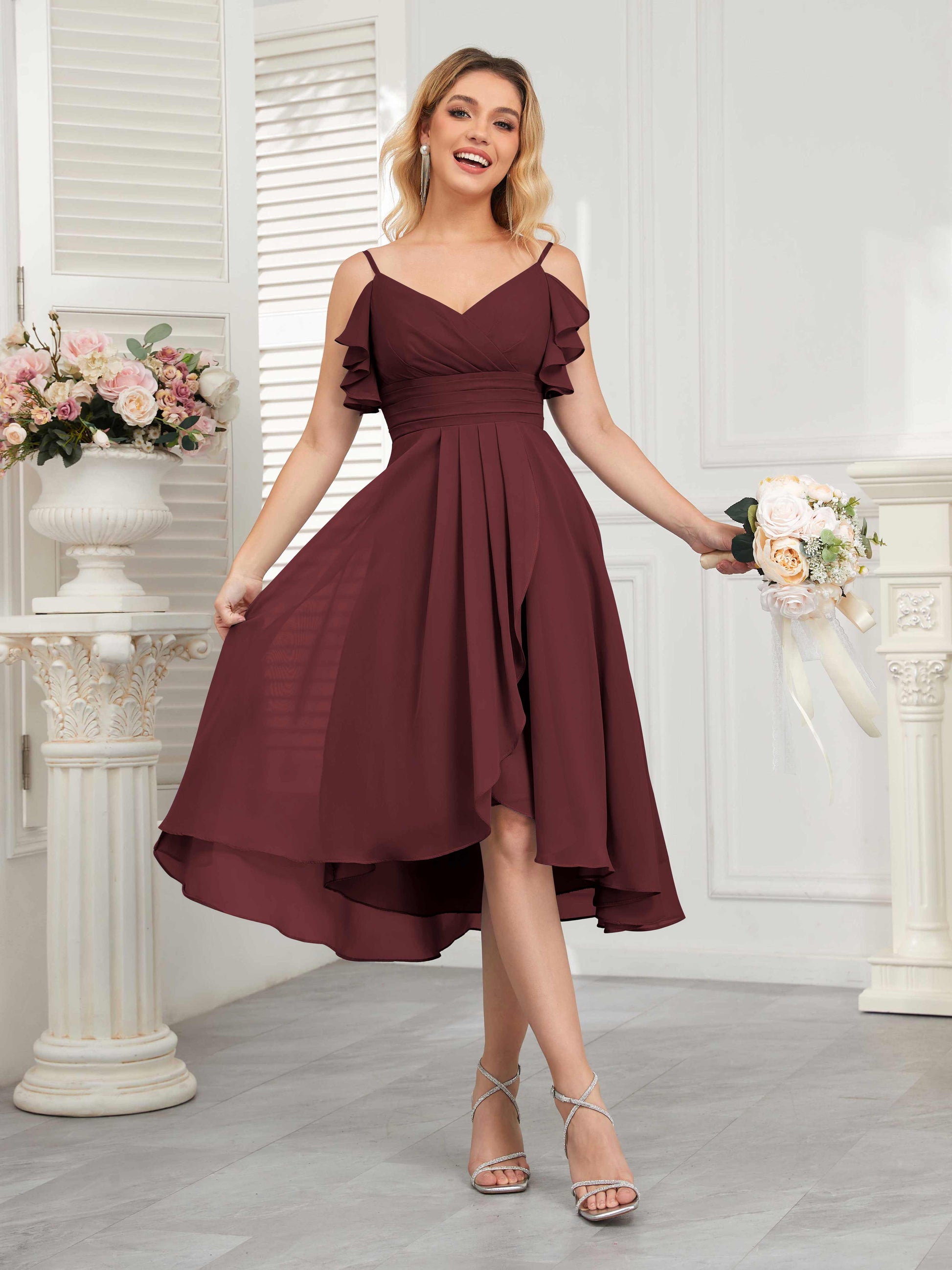 Beautiful Ruffles High Low Knee Length Chiffon Bridesmaid Dresses mollyevers.com Beautiful Ruffles High Low Knee Length Chiffon Bridesmaid Dresses mollyevers.com