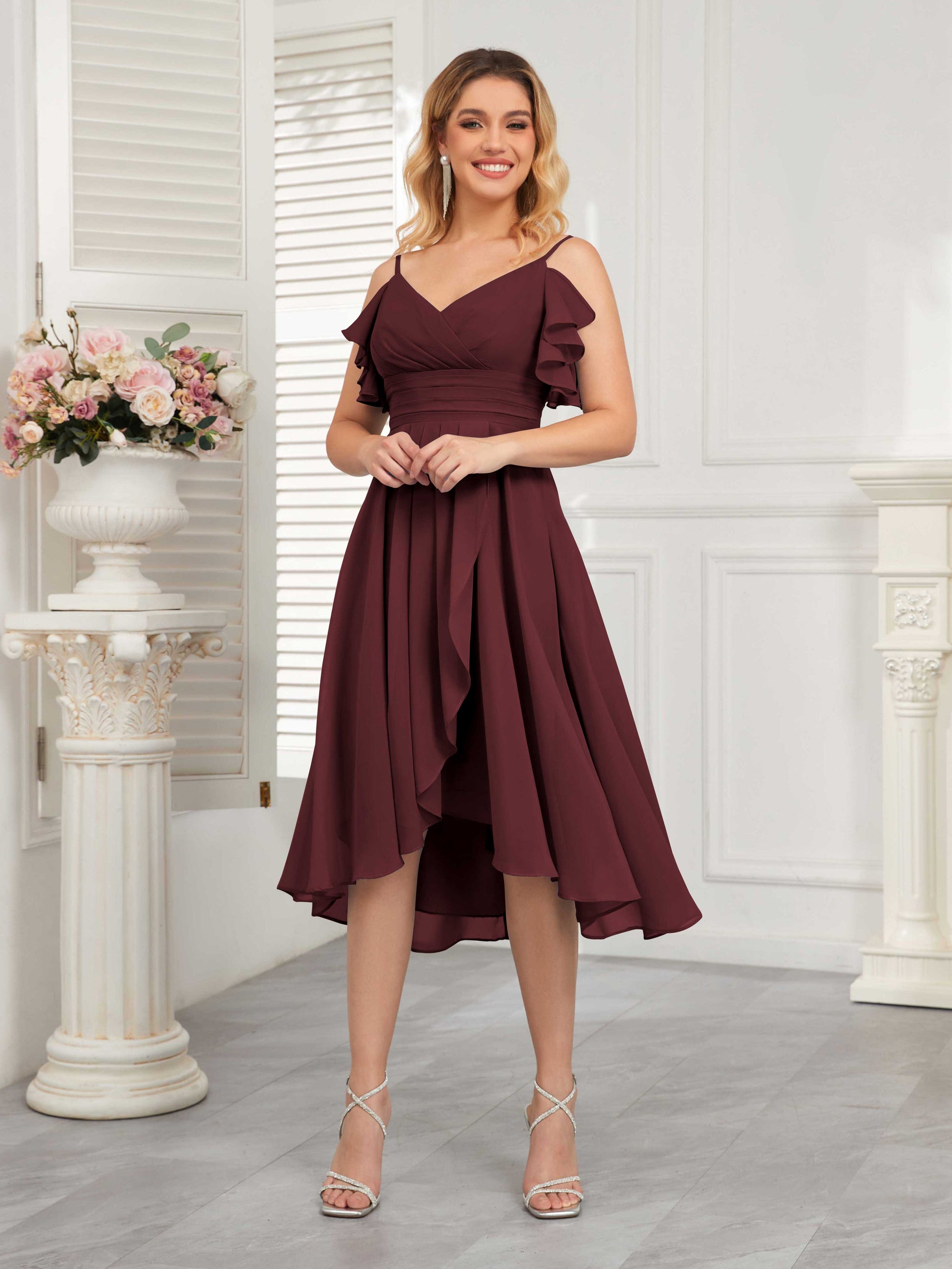 chiffon bridesmaid dresses knee length Hot V Neck Wholesale A-Line Chiffon Bridesmaid Dresses