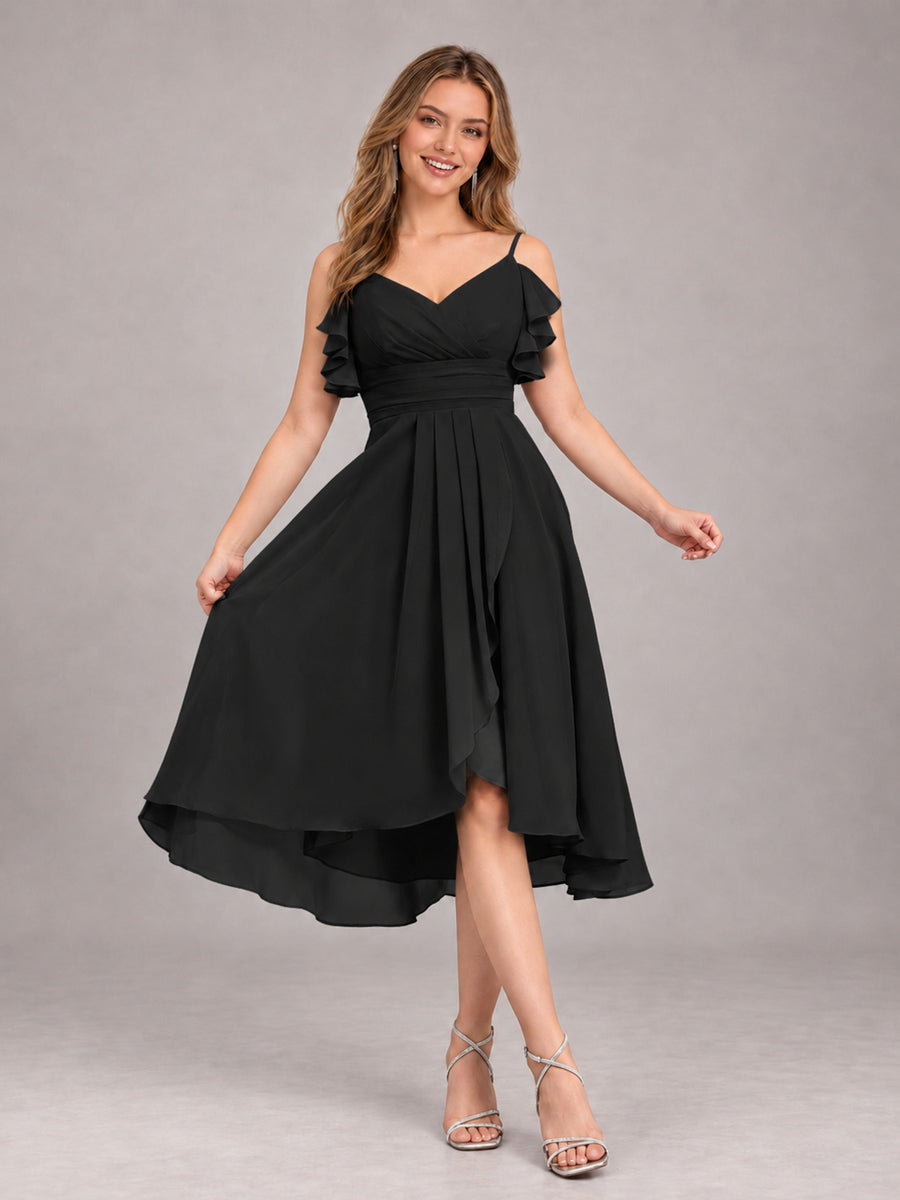 Black Beautiful Ruffles High Low Knee Length Chiffon Bridesmaid Dress