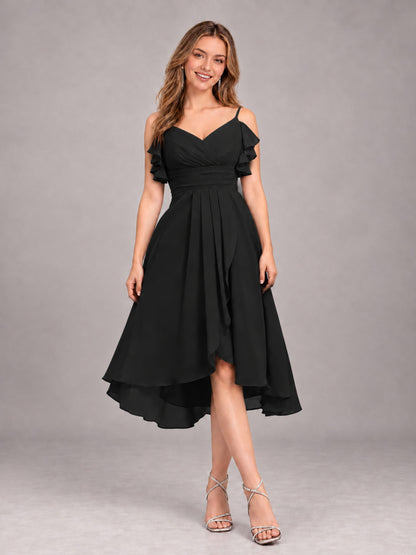 Black Beautiful Ruffles High Low Knee Length Chiffon Bridesmaid Dress