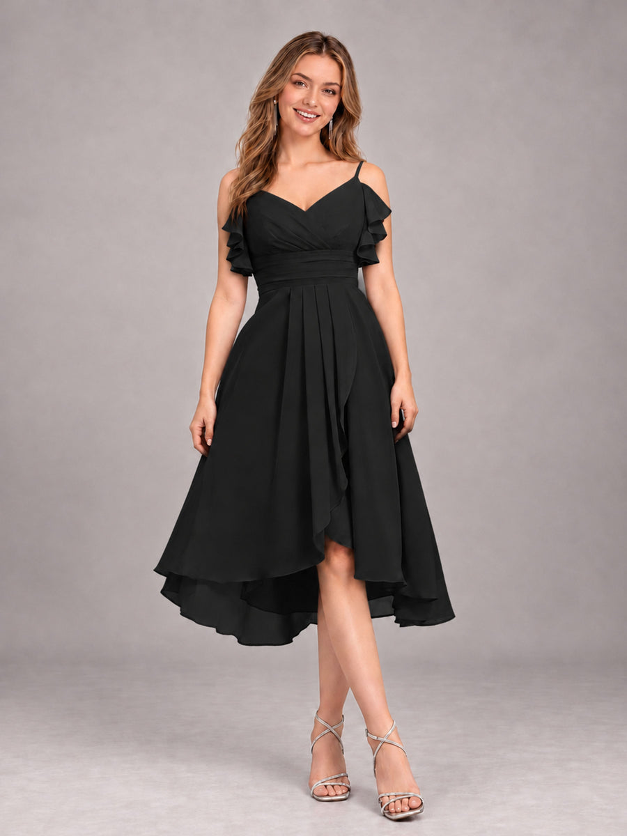 Black Beautiful Ruffles High Low Knee Length Chiffon Bridesmaid Dress