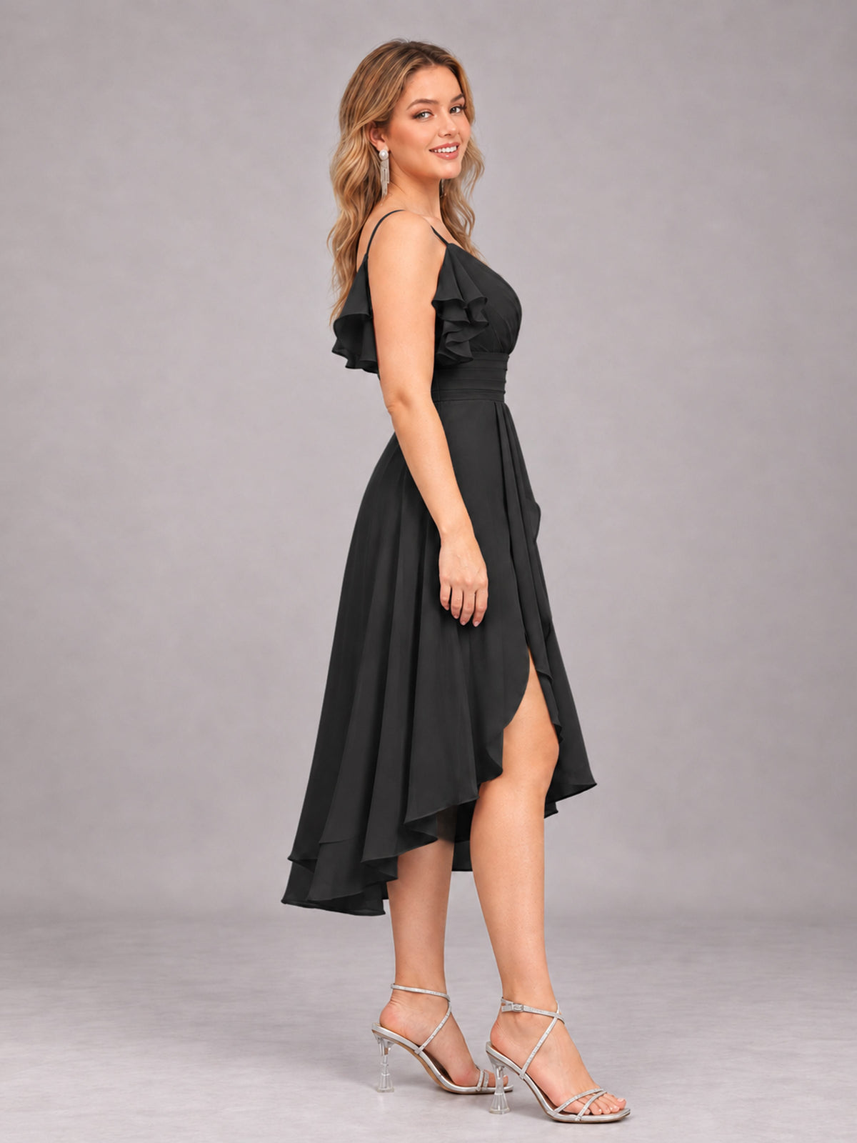 Black Beautiful Ruffles High Low Knee Length Chiffon Bridesmaid Dress