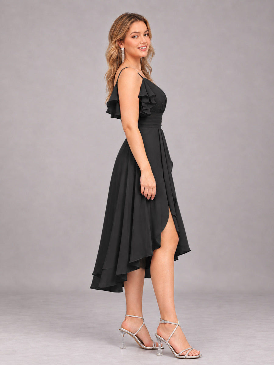 Black Beautiful Ruffles High Low Knee Length Chiffon Bridesmaid Dress