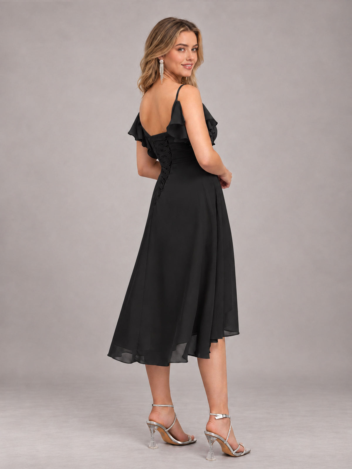 Black Beautiful Ruffles High Low Knee Length Chiffon Bridesmaid Dress