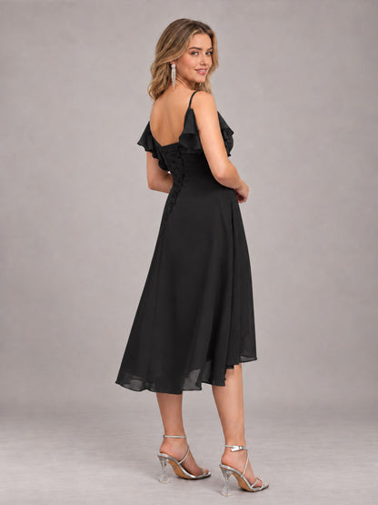 Black Beautiful Ruffles High Low Knee Length Chiffon Bridesmaid Dress