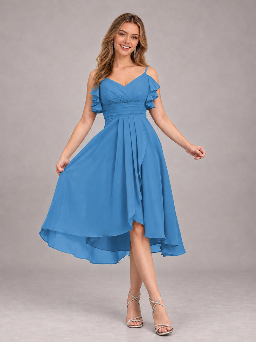 Blue Beautiful Ruffles High Low Knee Length Chiffon Bridesmaid Dress