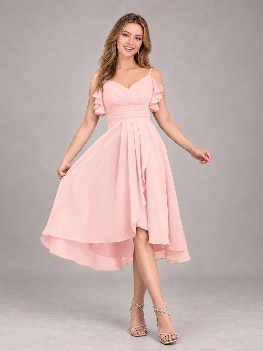 Blush Pink Beautiful Ruffles High Low Knee Length Chiffon Bridesmaid Dress