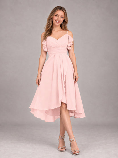 Blush Pink Beautiful Ruffles High Low Knee Length Chiffon Bridesmaid Dress
