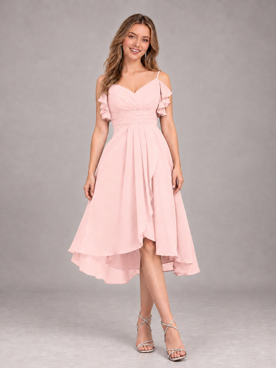 Blush Pink Beautiful Ruffles High Low Knee Length Chiffon Bridesmaid Dress