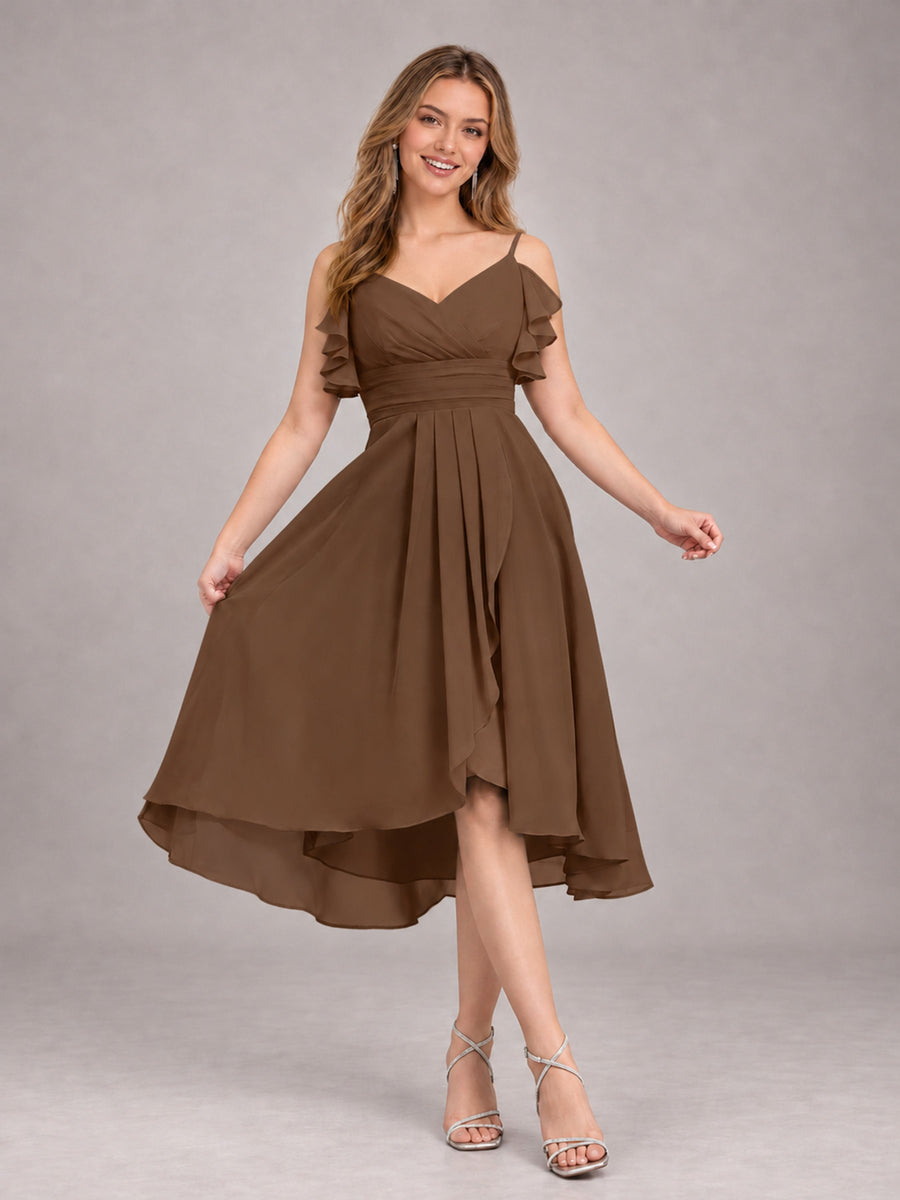 Brown Beautiful Ruffles High Low Knee Length Chiffon Bridesmaid Dress