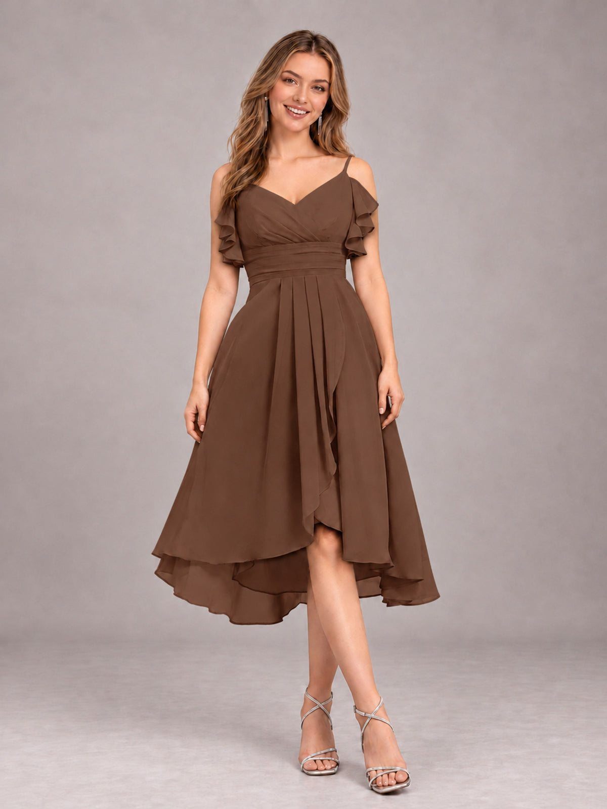 Brown Beautiful Ruffles High Low Knee Length Chiffon Bridesmaid Dress
