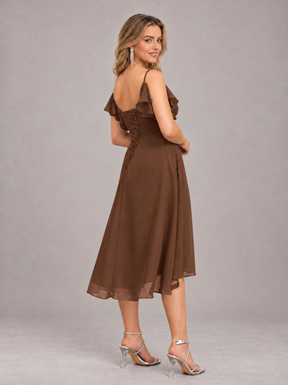 Brown Beautiful Ruffles High Low Knee Length Chiffon Bridesmaid Dress