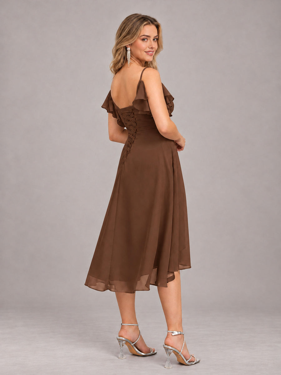 Brown Beautiful Ruffles High Low Knee Length Chiffon Bridesmaid Dress