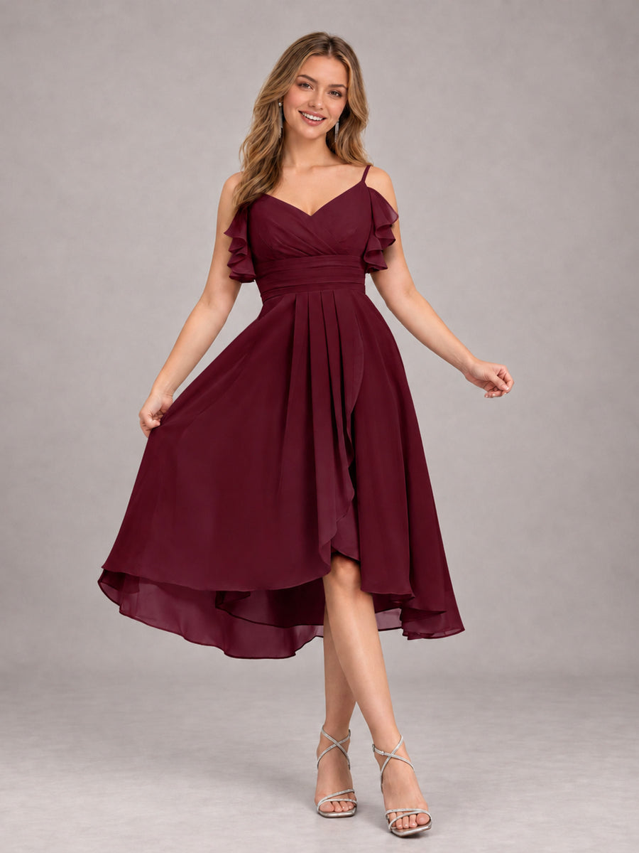 Burgundy Beautiful Ruffles High Low Knee Length Chiffon Bridesmaid Dress