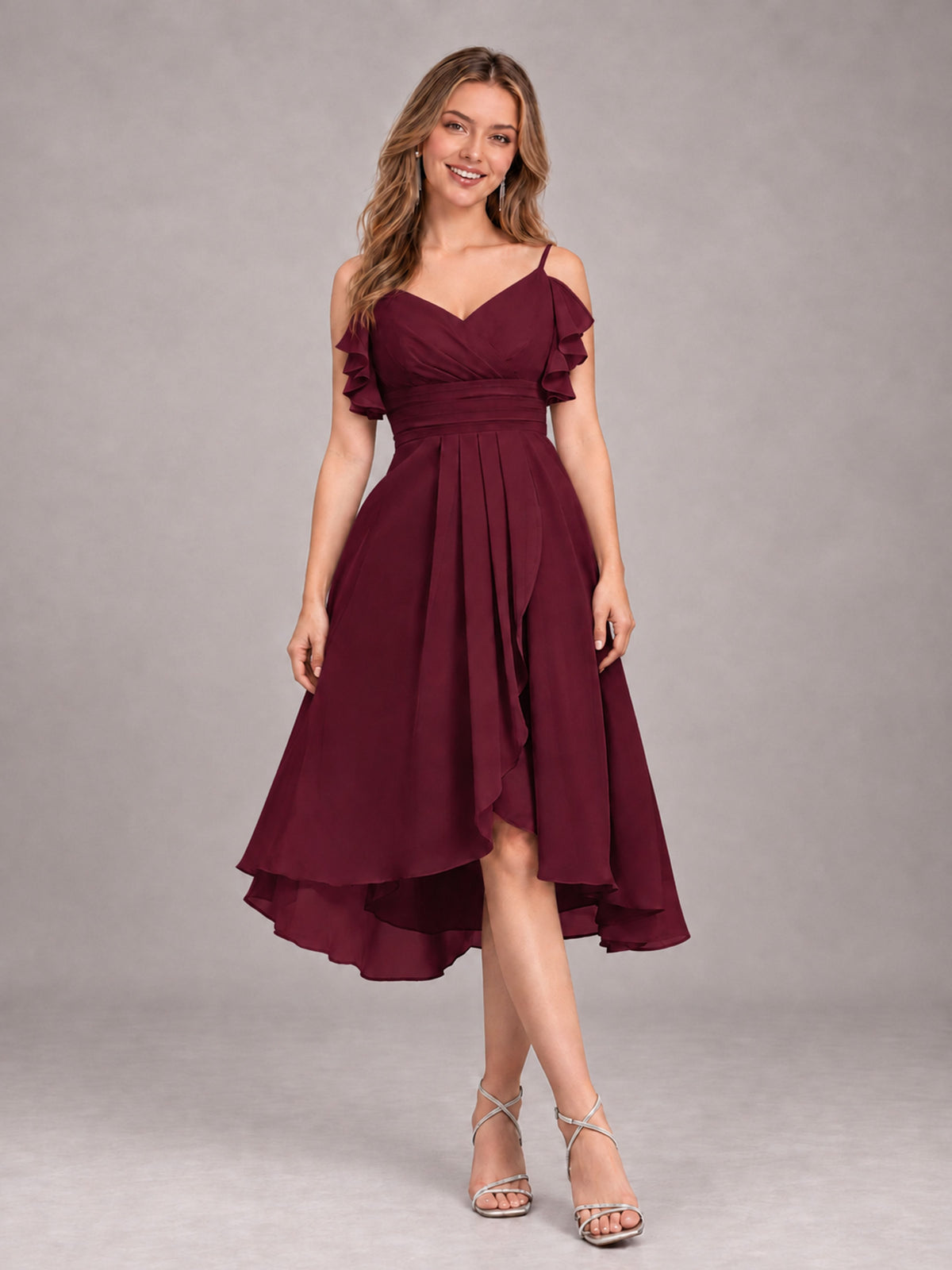 Burgundy Beautiful Ruffles High Low Knee Length Chiffon Bridesmaid Dress