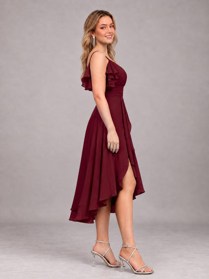 Burgundy Beautiful Ruffles High Low Knee Length Chiffon Bridesmaid Dress