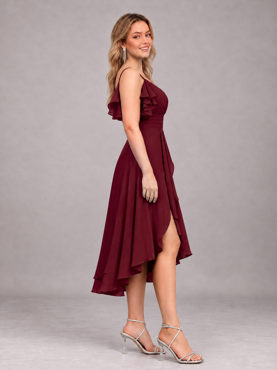 Burgundy Beautiful Ruffles High Low Knee Length Chiffon Bridesmaid Dress
