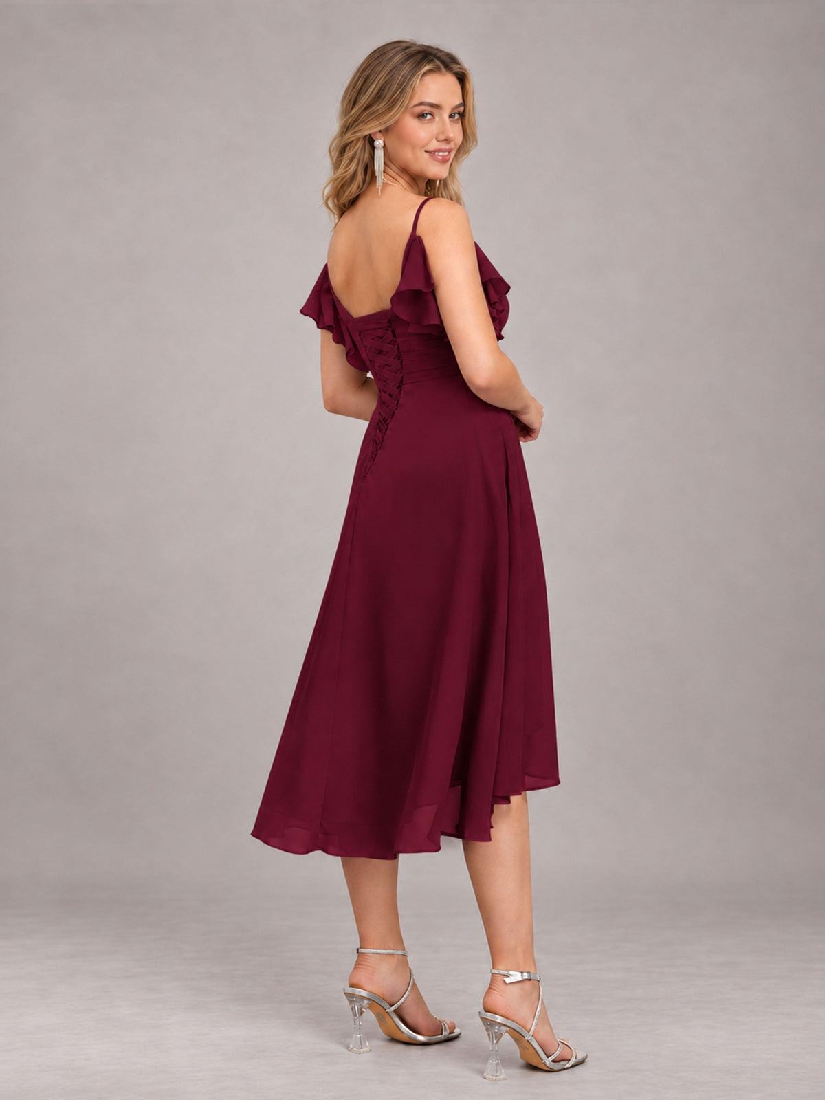 Burgundy Beautiful Ruffles High Low Knee Length Chiffon Bridesmaid Dress