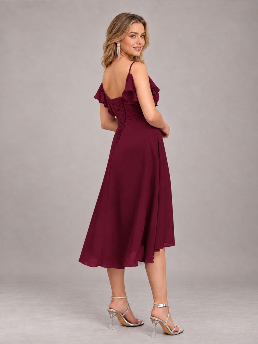 Burgundy Beautiful Ruffles High Low Knee Length Chiffon Bridesmaid Dress